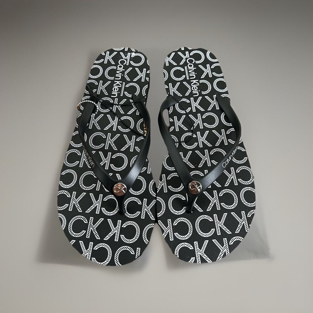 Calvin Klein Logo Flip Flops Black White Thong Sandals Women Size 9-10 Monogram